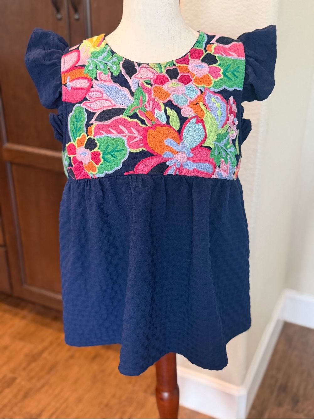 THML Navy Girls Top with Bright Multicolor Floral Embroidery